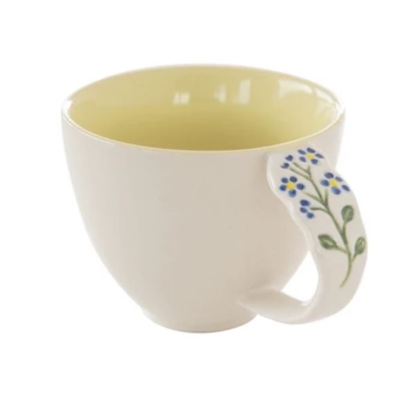 浮雕花朵手柄陶瓷杯子 - 黃色藍星花款